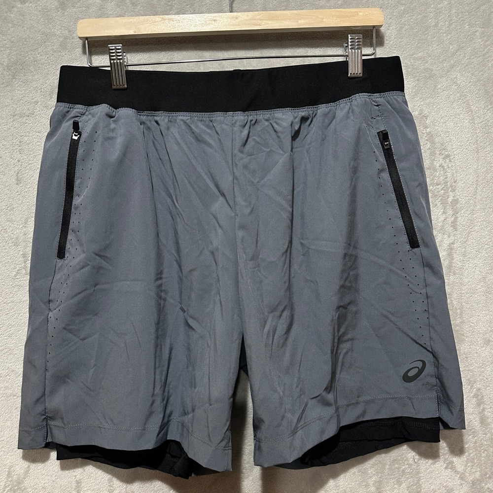 Asics Mens 2-in-1 Running Shorts Gray Black Large L Zipper Pockets RN 83394